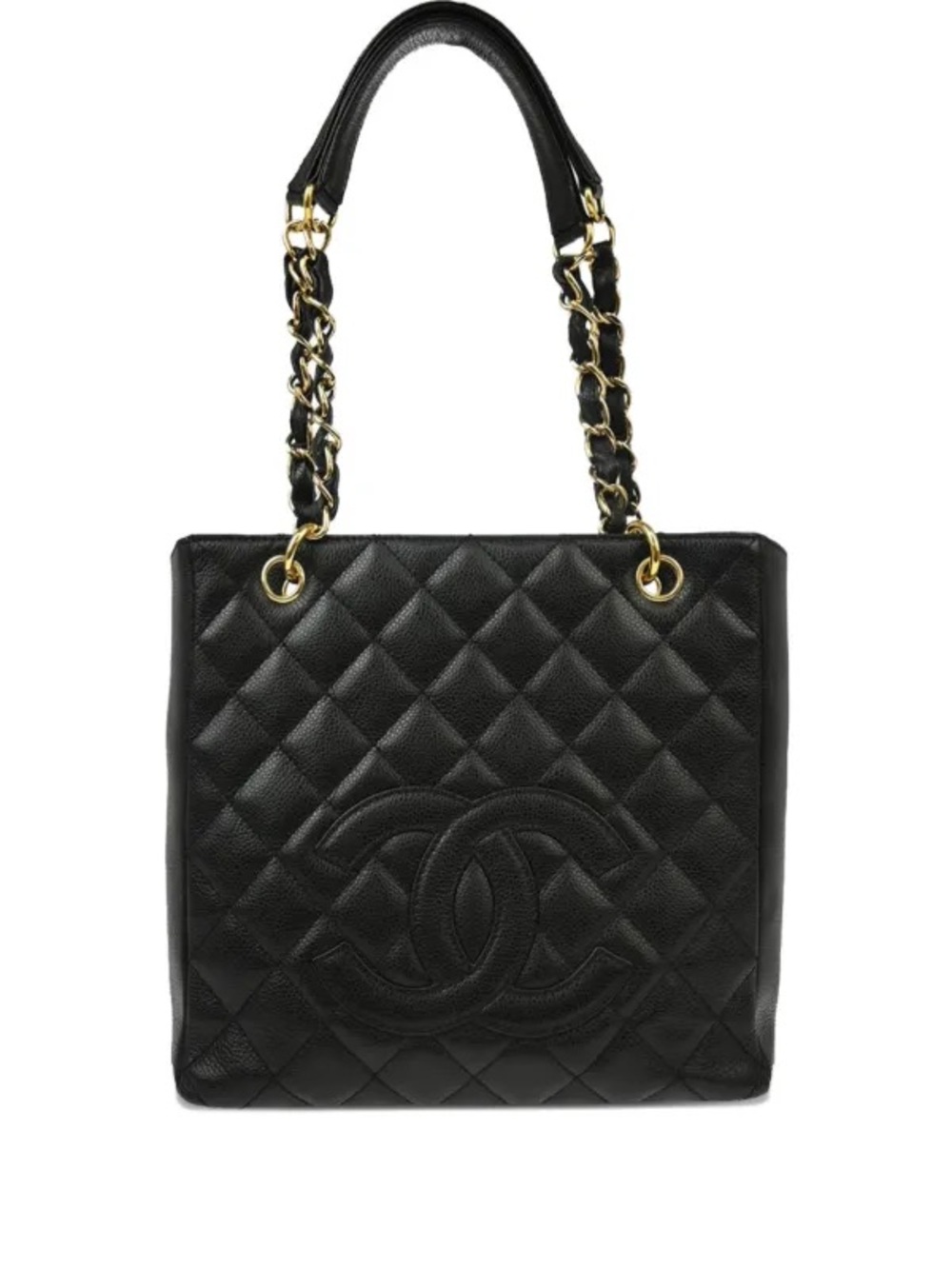 CHANEL Black Quilted Leather Shoulder Tote with Gold Chain Straps